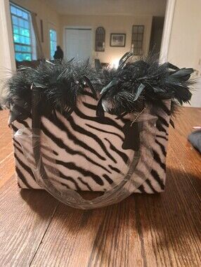 New Black White Zebra Feather Purse Handbag Top Handle Bag Tote